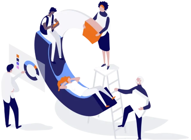 Graphic illustration of people working together to create a chart