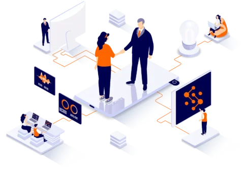 Graphic illustration of team members and clients shaking hands with various screens and wires around them for a custom solution