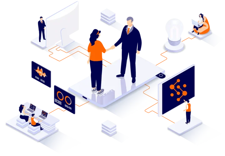 Graphic illustration of team members and clients shaking hands with various screens and wires around them for a custom solution