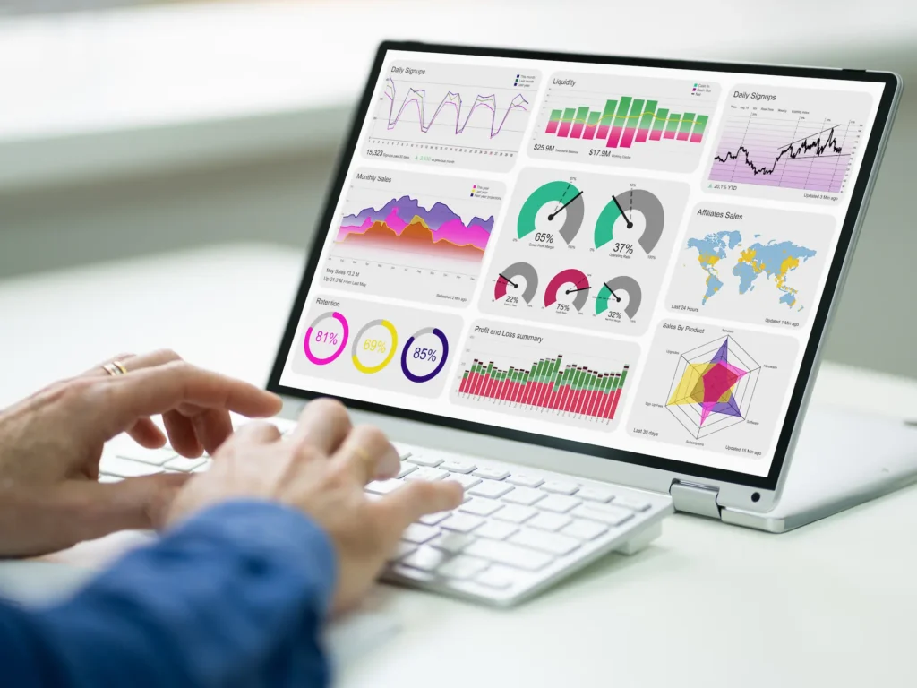 A man with a laptop on his lap with a custom built dashboard showing business analytics.